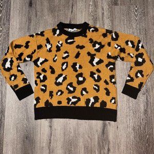 Cheetah Animal Print Crewneck Knit Sweater Top Blouse Womens L Brown Black